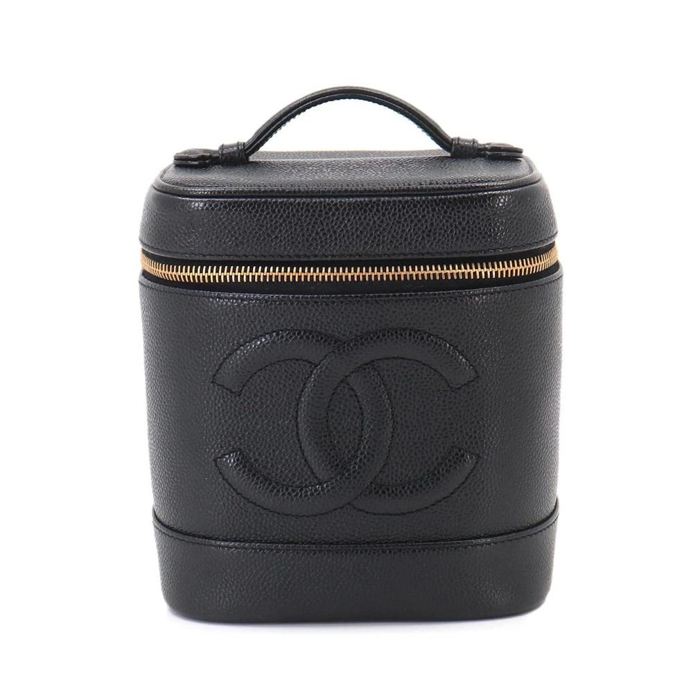 CHANEL Black Caviar Leather Logo Vanity Bag